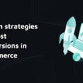 'Proven strategies to boost conversions in ecommerce' — A rocket stands beside a laptop displaying a 50% progress chart, surrounded by infographic-style charts and graphs, symbolizing growth and performance in ecommerce. 