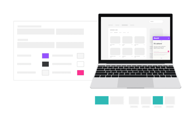 Grafik zeigt Newsletter Popups für Shopify von uptain und das Dashboard zur Konfiguration des benutzerdefiniertes Designs