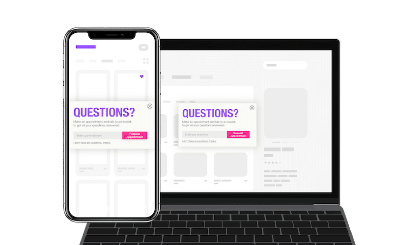 A pop-up window with the headline 'QUESTIONS?' appears on both a smartphone and laptop screen, prompting users to enter their email to request an appointment with an expert. The design uses bold purple text and a pink call-to-action button, displayed over a minimal white and gray website interface.