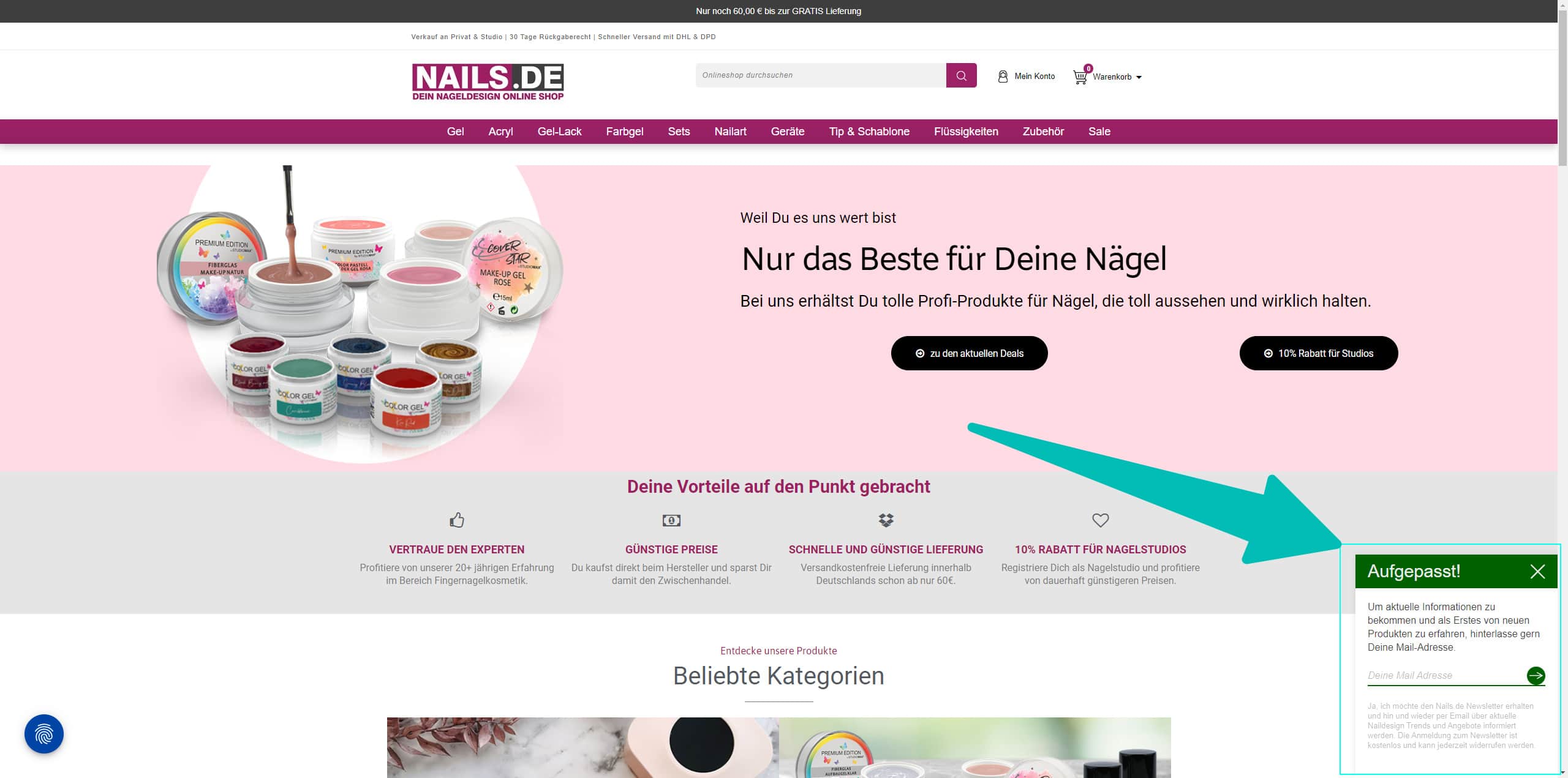 Screenshot von der Startseite von nails.de. Am unteren rechten Bildschirmrand ist ein Newsletter Popup von uptain zu sehen.