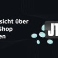 Text 'Übersicht über JTL-Shop Kosten' links auf dunklem Hintergrund, rechts daneben das JTL-Logo mit stilisierten blauen Münzen. 