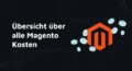 Großer weißer Text links lautet ‚Übersicht über alle Magento Kosten‘, daneben ein rotes Magento-Logo; türkisfarbene, halbtransparente Münzen fliegen auf schwarzem Hintergrund mit feinen Linienmustern.