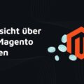 Großer weißer Text links lautet ‚Übersicht über alle Magento Kosten‘, daneben ein rotes Magento-Logo; türkisfarbene, halbtransparente Münzen fliegen auf schwarzem Hintergrund mit feinen Linienmustern. 