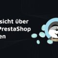 Illustration mit Text 'Übersicht über alle PrestaShop Kosten' links auf dunklem Hintergrund. Rechts daneben das stilisierte PrestaShop-Maskottchen, ein Papageitaucher im blauen Kreis, umgeben von schwebenden ovalen Formen. 