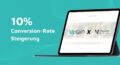 Ein seitlich aufgestelltes Tablet zeigt die Website von 'Müller – Das Schuhhaus' mit dem uptain-Logo; links steht in Weiß: '10% Conversion-Rate Steigerung'. Hintergrund ist türkis mit abstrakten Linienmustern.