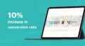 A side-facing tablet displays the website of 'Müller – Das Schuhhaus' with the uptain logo; on the left, white text reads: '10% Conversion Rate Increase'. Background is teal with abstract line patterns.