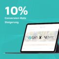 Ein seitlich aufgestelltes Tablet zeigt die Website von 'Müller – Das Schuhhaus' mit dem uptain-Logo; links steht in Weiß: '10% Conversion-Rate Steigerung'. Hintergrund ist türkis mit abstrakten Linienmustern.