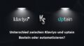Zwei beleuchtete Logos stehen sich gegenüber: links 'klaviyo', rechts 'uptain', getrennt durch ein zentrales 'VS'. Darunter steht der Text: Unterschied zwischen Klaviyo und uptain Basteln oder automatisieren?