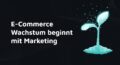 Leuchtende, digital stilisierte Pflanze mit zwei Blättern wächst aus einem polygonalen Boden; links daneben steht in weißer Schrift: 'E-Commerce Wachstum beginnt mit Marketing'