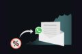 Ein durchgestrichenes Prozentzeichen wird per Pfeil in ein Briefsymbol mit WhatsApp-Logo überführt; im Hintergrund deutet ein steigender Graph auf Wachstum oder Erfolg hin.