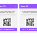 Zwei nebeneinanderstehende Werbekarten mit lila Kopfzeile: links 'Spare 5%', rechts 'Spare 5€'. Beide enthalten QR-Codes, Werbetext zu WhatsApp-Newslettern und lila Buttons mit 'JETZT SCHREIBEN'.