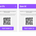 Two side-by-side promotional cards with purple headers: left says 'Save 5%', right says 'Save €5'. Both feature QR codes, promotional text about WhatsApp newsletters, and purple buttons labeled 'WRITE NOW'.