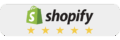 Green Shopify logo with 5 out of 5 yellow stars on light gray background.