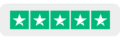 Trustpilot rating with 5 out of 5 white stars on green squares, light gray background.