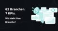 Hero-Banner im breiten Querformat auf dunklem Hintergrund mit türkisen Dashboard-Icons inklusive Zielscheibe, Balkendiagramm, Liniendiagramm und Donut-Chart, mit dem Text: '62 Branchen. 7 KPIs. Wo steht Ihre Branche?'