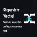 Bannergrafik mit dunklem Hintergrund, links der Titeltext, rechts zwei türkise Figuren, die ein Zahnrad zwischen zwei weißen Pfeilen schieben. Text: Shopsystem-Wechsel. Wenn das Shopsystem zur Wachstumsbremse wird. 
