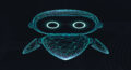 Turquoise wireframe robot on a dark background with abstract curved lines.