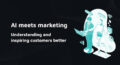 Illustration of a marketer and a robot working together at a laptop on a dark background.