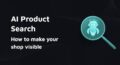 Turquoise AI robot inside a magnifying glass on a dark background as a square thumbnail for AI product search.