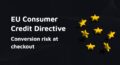 Seven yellow EU stars on a dark gray background with abstract lines.