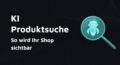 Türkisfarbener KI Roboter in einer Lupe auf dunklem Hintergrund als quadratisches Thumbnail zur KI Produktsuche.