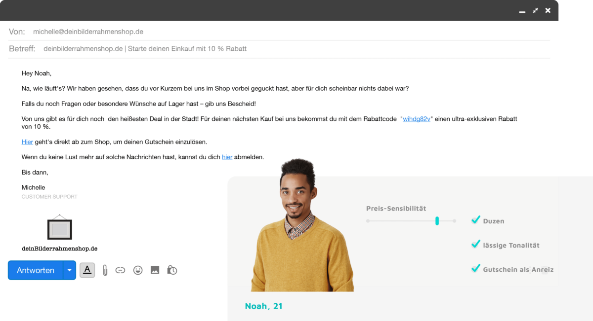 Beispiel-Warenkorbabbrecher-Mail mit einem Rabattcode. Daneben ein Zielgruppenavatar mit Wertangaben zu technischer Affinität, Preis-Sensibilität und Service-Bedürftigkeit