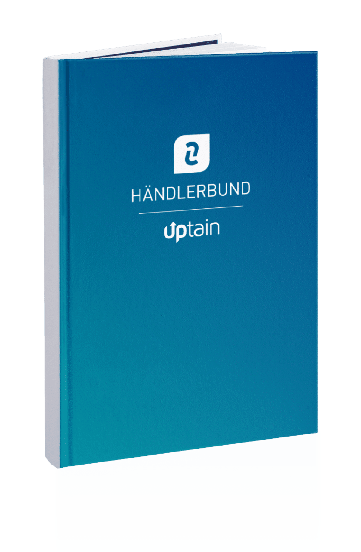 Blaues Buchcover mit Händlerbund und uptain-Logo