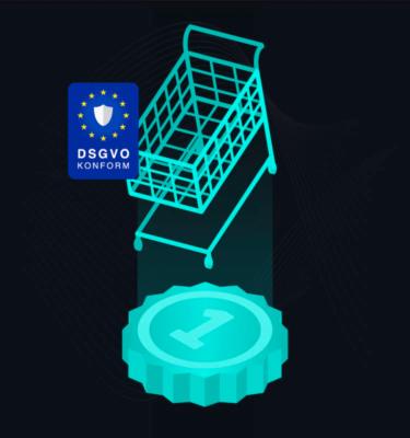 Illustration eines Einkaufswagens mit DSGVO-Siegel und digitaler Münze darunter 