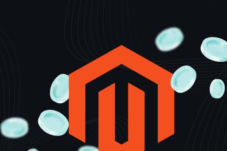 Rotes Magento-Logo in Hexagon-Form schwebt zentriert auf schwarzem Hintergrund mit dezenten Linienmustern; mehrere türkisfarbene, halbtransparente Münzen oder Scheiben fliegen diagonal über das Bild.