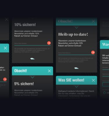 Multiple dark newsletter pop-ups with turquoise titles offer 5% or 10% discounts for email sign-up, and one form titled “Was SIE wollen!” asks for personal preferences to tailor content. 