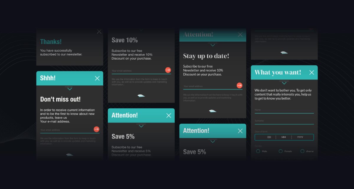 Multiple dark pop-up windows with bold turquoise headers show newsletter sign-ups, discount offers (5% and 10%), and fields for entering email addresses and personal information.
