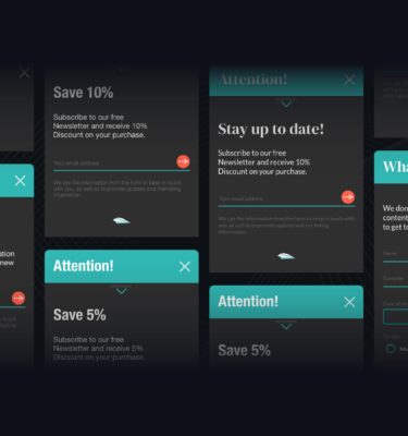 Mehrere dunkle Newsletter-Pop-ups mit türkisfarbenen Titeln bieten 5 % oder 10 % Rabatt für die Anmeldung per E-Mail; eines mit 'Was SIE wollen!' fragt nach persönlichen Angaben zur Individualisierung. 