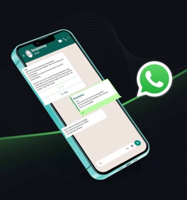 Angled smartphone displays a WhatsApp chat with Exampleshop confirming registration and a voucher. Green message bubble on screen. WhatsApp logo floats on the right against a dark abstract background. 