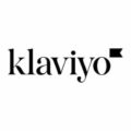 Klaviyo logo in black lettering on a white square background, with a small filled pennant icon to the upper right of the word.