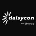 Daisycon logo with white flower symbol and white text 'daisycon part of Linehub' on black background.