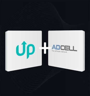 UP logo and ADCELL the affiliate network logo on two white 3D tiles connected by a plus sign against a dark blue wave background in portrait format. 