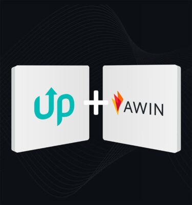 UP logo and AWIN logo on two white 3D tiles connected by a white plus sign against a dark blue wave background in landscape format. 