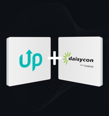 UP logo and Daisycon part of Linehub logo on two white 3D tiles connected by a white plus sign against a dark blue wave background in portrait format. 