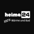 Logo der Marke heima24 in Weiß auf schwarzem Hintergrund, mit dem Slogan '100% Wärme und Bad' darunter.