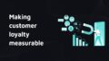 Text: 'Making customer loyalty measurable'. Dark hero banner with teal customer loyalty illustration, a magnet pulling customer icons toward a smartphone, and a small chart.