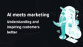 Illustration of a marketer and a robot working at a laptop beside the visible text 'AI meets marketing' and 'Understanding and inspiring customers better' on a dark background.